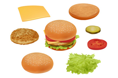 Hamburgher. Realistic fast food ingredients vegetables tomato beef mea