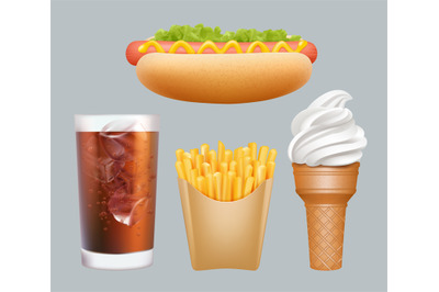 Fast food. Realistic junk food hotdogs cold drink ice cream french fri