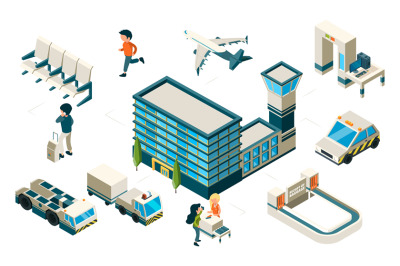 Airport concept. Isometric plane airport building passengers venicles.