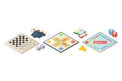 Board games isometric. Various tools for board games. Dices, pawns car