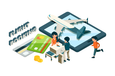 Flight booking. Buying tickets online isometric concept. Vector 3d fro