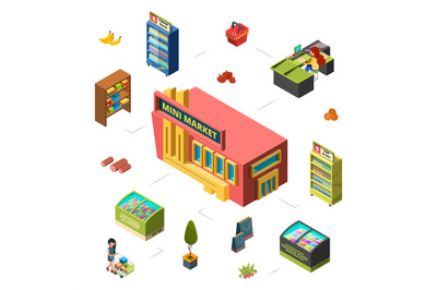 Mini market concept. Grocery store isometric vector illustration. Mark