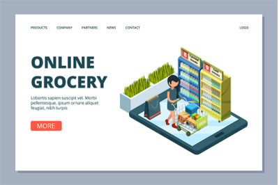 Online grocery landing page. Vector isometric woman with shopping cart