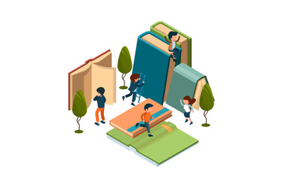 Reading concept. Isometric books, reading people vector illustration.