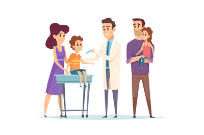 Family doctor. Pediatrician&2C; vaccination vector illustration. Happy fa