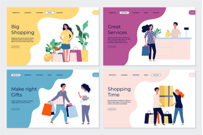 Shopping landing pages. Shopping characters. People in market boutique