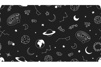 Space seamless pattern. Stars moon planets vector illustration. Galaxy