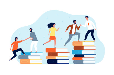 Climbing books. Peoples in library going top. Education vector concept