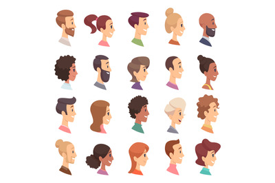 Faces profile. Avatars people expression simple heads male and female