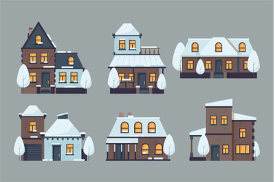 Winter houses. Cute buildings with season snow caps frozen urban archi