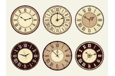 Vintage clock. Elegant antique metal watches vector illustrations