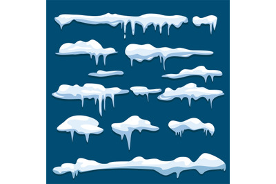 Snow caps. Icicles winter frozen ice decoration vector weather element