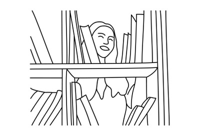 Smiling woman chooses a book in the library on white. Minimalism hand