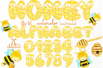 Honey alphabet Cute letters and numbers Honeybees clipart