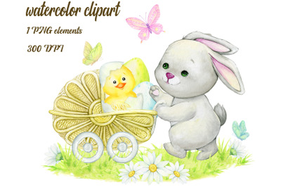 Bunny Watercolor Clipart, Rabbit Clipart, Easter Bunny, Baby Bunny Cli