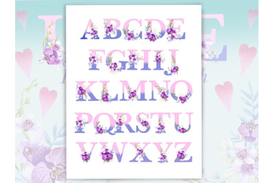 Floral alphabet with watercolor orchids,monogram letters,wedding decor