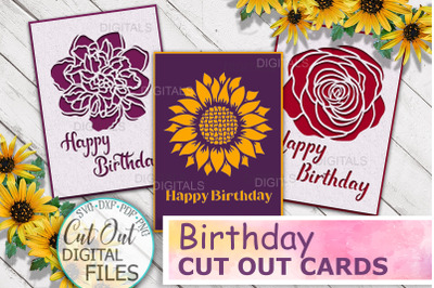 Floral Happy Birthday cards bundle svg dxf cut out templates