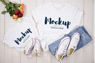 Casual White Mother and Daughter Shirt Mockup with Roses