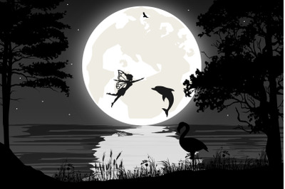 cute fairy and dolphin silhouette