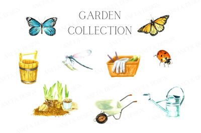 Watercolor Gardening Set, Spring Insects, Gardening Tools, Watercolor Butterflies