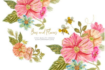 Bee Pink &amp;amp; Peach Flowers Watercolor Clipart&2C; Hand Painted