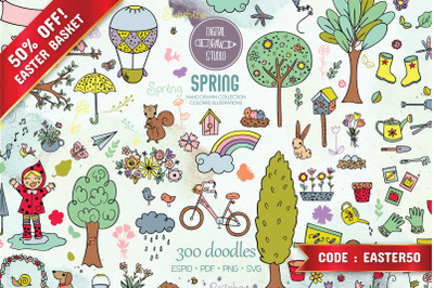 Spring Season Color Doodles | Gardening, Bugs, Bicycle, Birds, Flowers