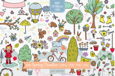 Spring Season Color Doodles | Gardening, Bugs, Bicycle, Birds, Flowers