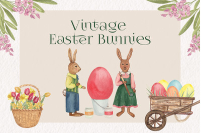 Vintage Easter Bunnies &amp; Eggs Watercolor Clipart