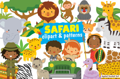 Safari Clipart Bundle - Jungle animals, kids and seamless patterns.
