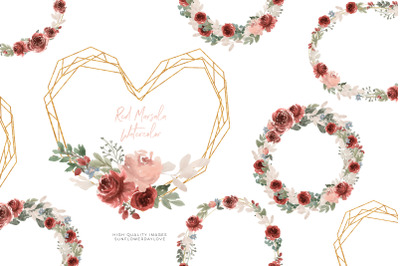 Watercolor Red marsala Flowers Frame Clipart, Greenery watercolor