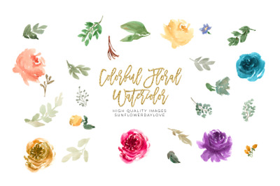 Watercolor floral clipart, Colorful Floral Watercolor Elements