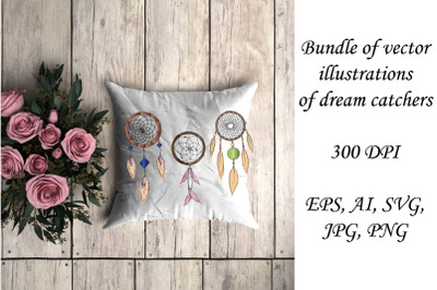 Bundle of colorful Dream Catcher. Hand draw