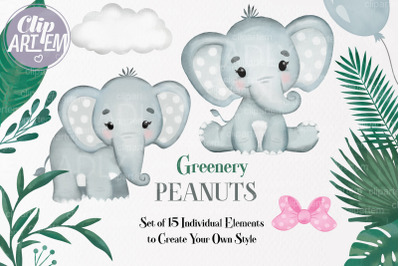 Cute Gray Unisex Elephant PNG Images Set, watercolor clip art