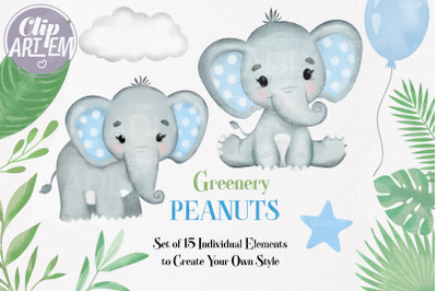 Watercolor Cute Blue Boy Elephant Greenery 15 PNG clip art sublimation