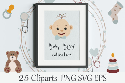 Baby BOY collection. Nursery bohemian set. Newborn baby toys clipart.