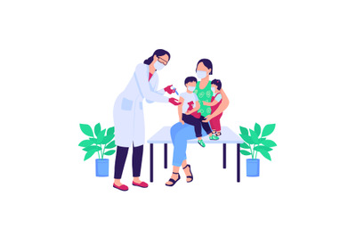 Doctor vaccinating children flat color vector faceless characters