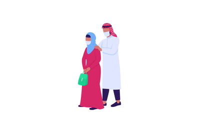 Arabian husband and wife in medical masks flat color vector character