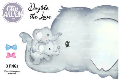Two Babies Mommy Elephant PNG, mother with two babies twins clip art