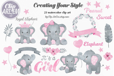 Pink Elephant Watercolor Set 23 PNG, super cute girl pink gray