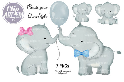 Watercolor Baby Elephants Boy Girl PNG set, watercolor clip art