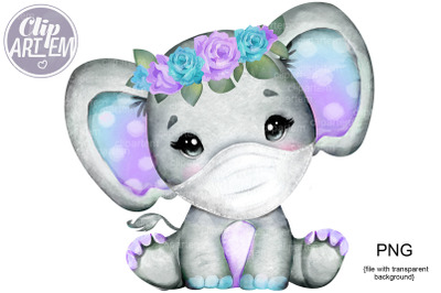 Purple Teal Turquoise Elephant in Mask PNG clip art, cute little girl