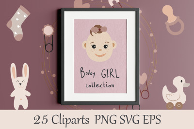 Baby girl collection. Nursery bohemian set. Newborn baby toys clipart.