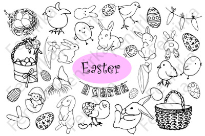 Large bundle of Easter.&nbsp;Contour hand draw, doodle.&nbsp;Traditional holiday