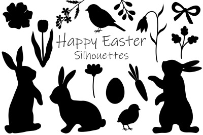 Bunny Silhouettes. Easter Silhouettes. Bunny flowers SVG