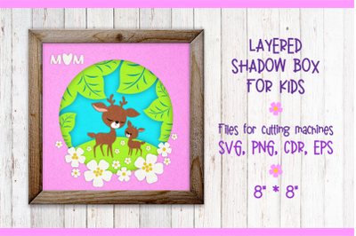 Mother Deer with a Fawn. Shadow Box SVG template