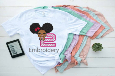 Embroidery Peekaboo girl with puff afro ponytails 2nd Birthday Girl