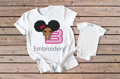 Embroidery Peekaboo girl with puff afro ponytails 3rd Birthday Girl