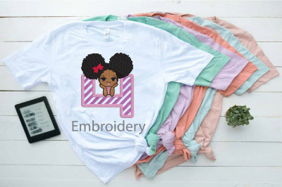 Embroidery Peekaboo girl with puff afro ponytails 4th Birthday Girl