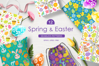 12 Spring and Easter seamless patterns