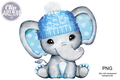 Winter Elephant Blue Hat PNG images, boy elephant watercolor clip art